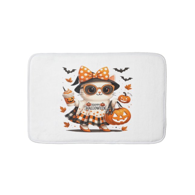 Cute Halloween Cat – Kawaii Witch Kitty with Pumpk Bath Mat (Front)