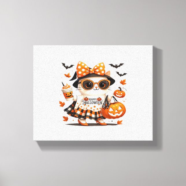 Cute Halloween Cat – Kawaii Witch Kitty with Pumpk Canvas Print (Front)