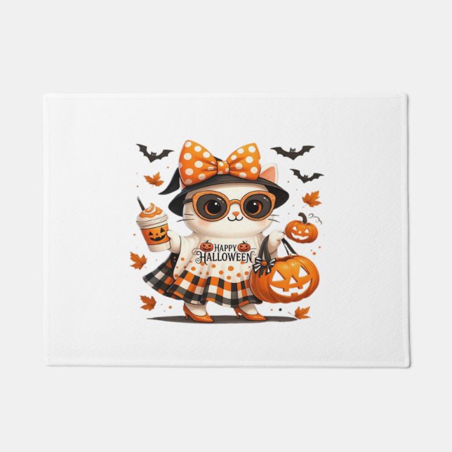 Cute Halloween Cat – Kawaii Witch Kitty with Pumpk Doormat (Front)