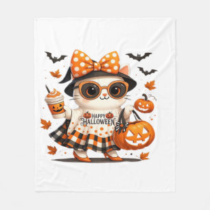 Cute Halloween Cat � Kawaii Witch Kitty with Pumpk Fleece Blanket