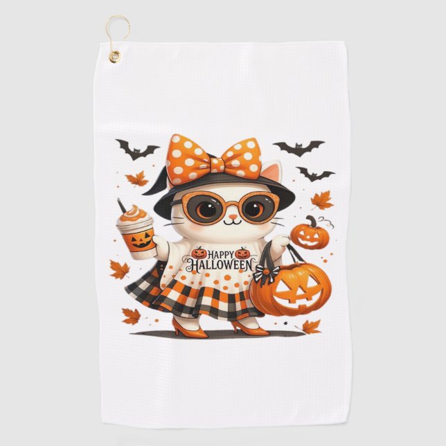Cute Halloween Cat – Kawaii Witch Kitty with Pumpk Golf Towel (Front)