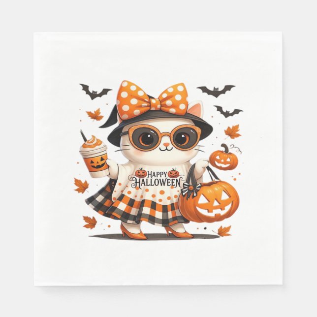 Cute Halloween Cat – Kawaii Witch Kitty with Pumpk Napkin (Front)