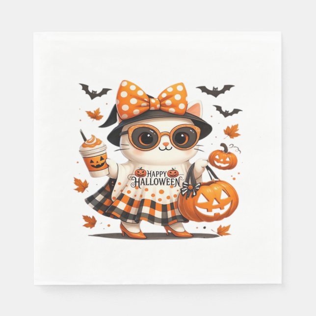 Cute Halloween Cat – Kawaii Witch Kitty with Pumpk Napkin (Front)