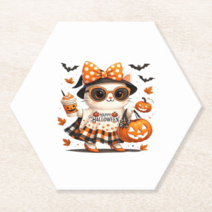 Cute Halloween Cat � Kawaii Witch Kitty with Pumpk Paper Coaster