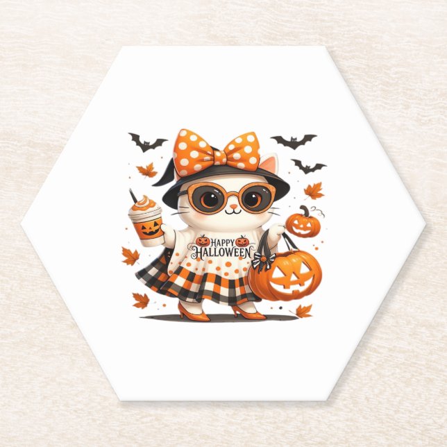 Cute Halloween Cat � Kawaii Witch Kitty with Pumpk Paper Coaster (Front)