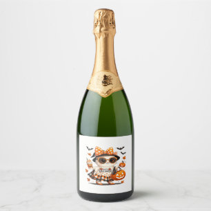 Cute Halloween Cat � Kawaii Witch Kitty with Pumpk Sparkling Wine Label