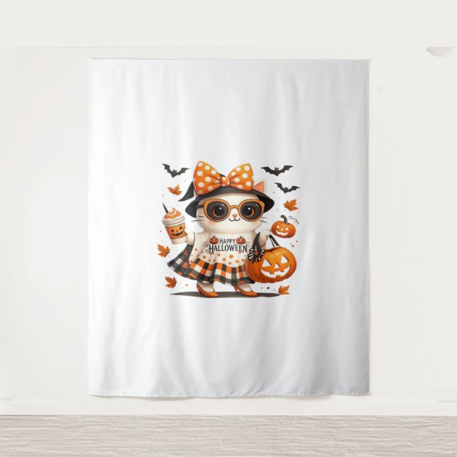 Cute Halloween Cat – Kawaii Witch Kitty with Pumpk Tapestry (Front)