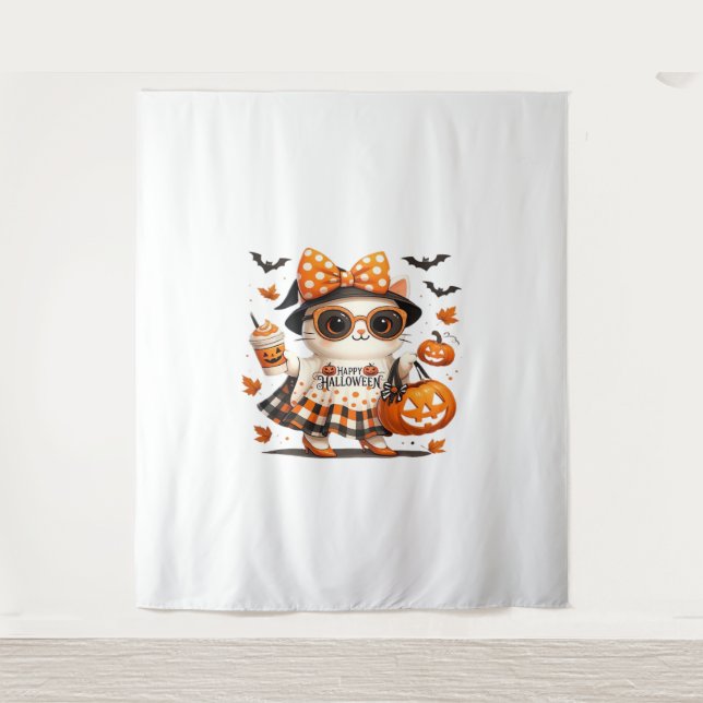 Cute Halloween Cat – Kawaii Witch Kitty with Pumpk Tapestry (Front)