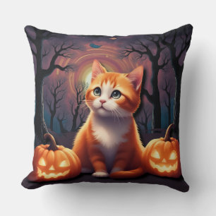 Cute Halloween Cat Orange and White Kitty Cushion