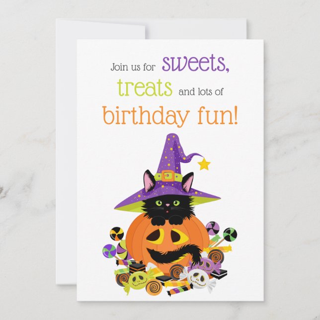 Cute Halloween Cat Purple, Green, Orange Birthday Invitation (Front)