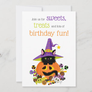 Cute Halloween Cat Purple, Green, Orange Birthday Invitation