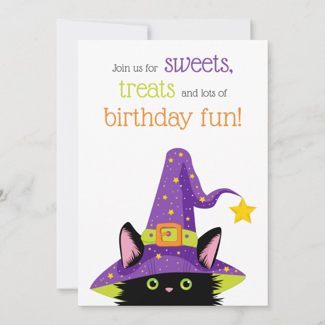 Cute Halloween Cat Purple, Green, Orange Birthday Invitation (Front)