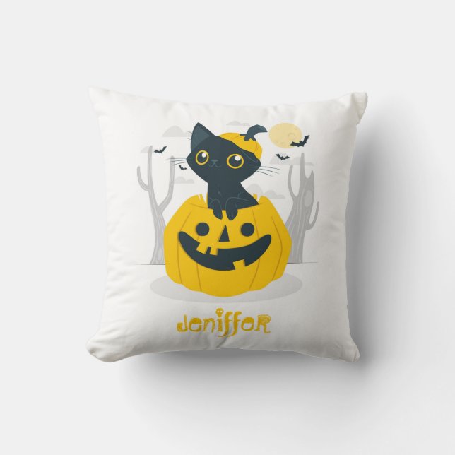Cute Halloween Cat Rising From Pumpkin Bats Moon Cushion (Front)