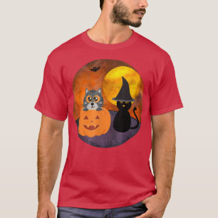 Cute Halloween Cat Scene Witch Pumpkin Bat Full Mo T-Shirt
