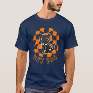 Cute Halloween Cat Skeleton Checkerboard Trick Or T-Shirt