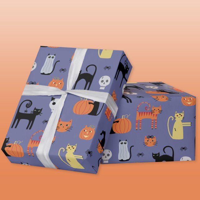 Cute Halloween Cat Spooky Purple Wrapping Paper (Halloween cat purple wrapping paper roll)