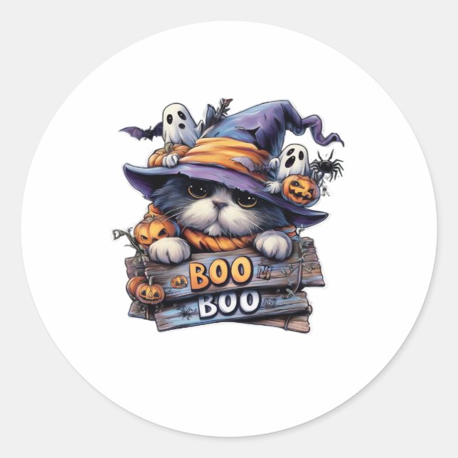 Cute Halloween Cat Sticker � Witch Hat, Pumpkin an (Front)