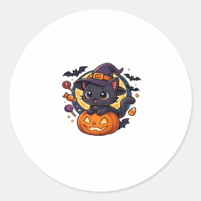 Cute Halloween Cat Sticker � Witch Hat, Pumpkin an (Front)