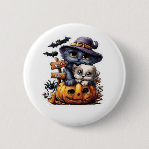 Cute Halloween Cat Sticker – Witch Hat, Pumpkin an 6 Cm Round Badge