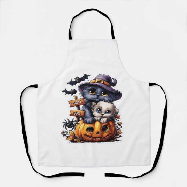 Cute Halloween Cat Sticker � Witch Hat, Pumpkin an Apron (Front)