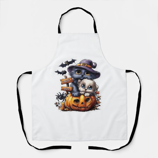 Cute Halloween Cat Sticker – Witch Hat, Pumpkin an Apron (Front)
