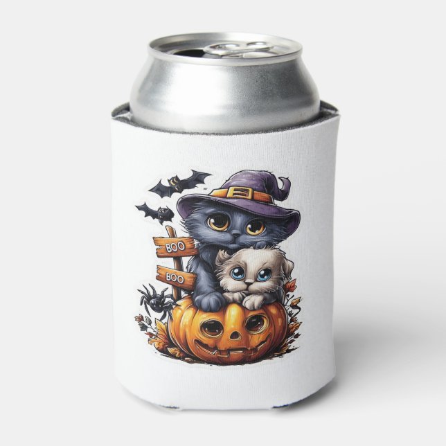 Cute Halloween Cat Sticker � Witch Hat, Pumpkin an Can Cooler (Can Front)