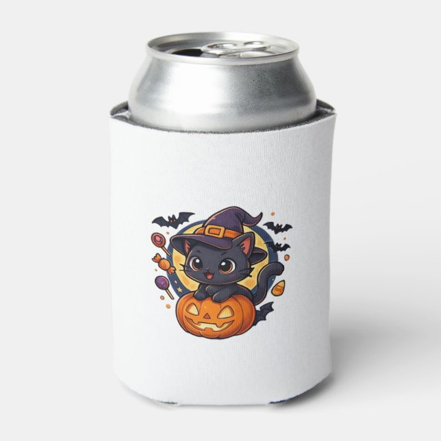 Cute Halloween Cat Sticker � Witch Hat, Pumpkin an Can Cooler (Can Front)