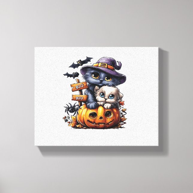 Cute Halloween Cat Sticker – Witch Hat, Pumpkin an Canvas Print (Front)