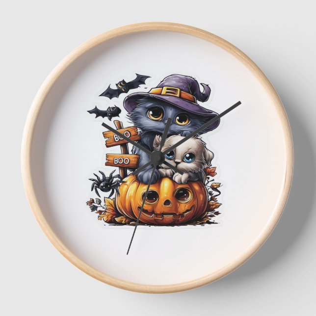 Cute Halloween Cat Sticker – Witch Hat, Pumpkin an Clock (Front)