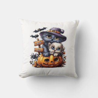 Cute Halloween Cat Sticker � Witch Hat, Pumpkin an Cushion