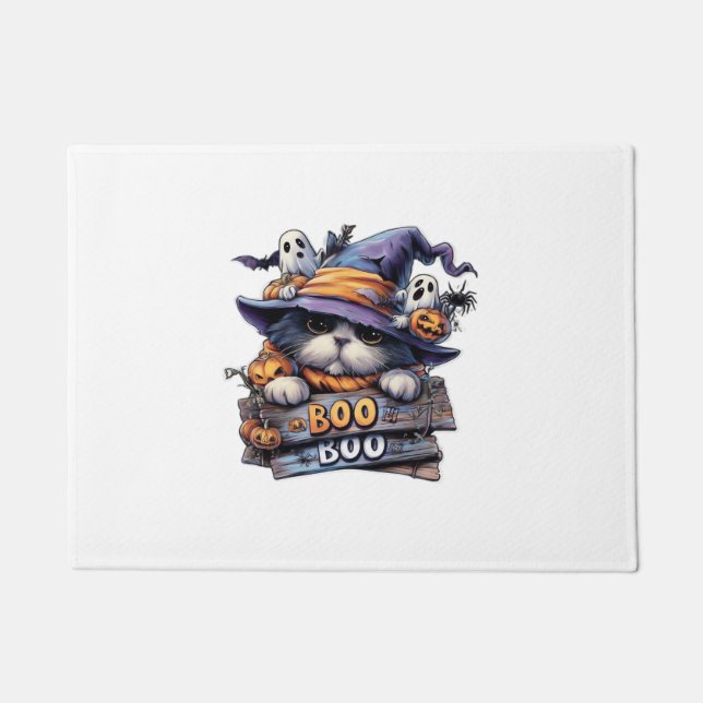 Cute Halloween Cat Sticker � Witch Hat, Pumpkin an Doormat (Front)