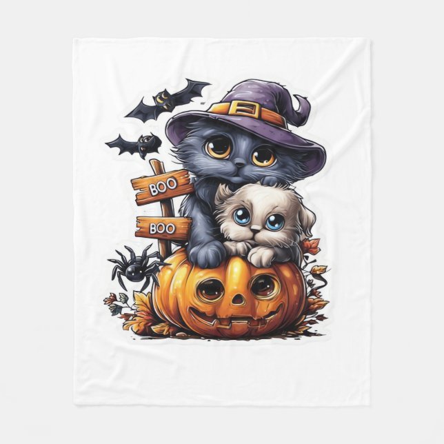 Cute Halloween Cat Sticker – Witch Hat, Pumpkin an Fleece Blanket (Front)