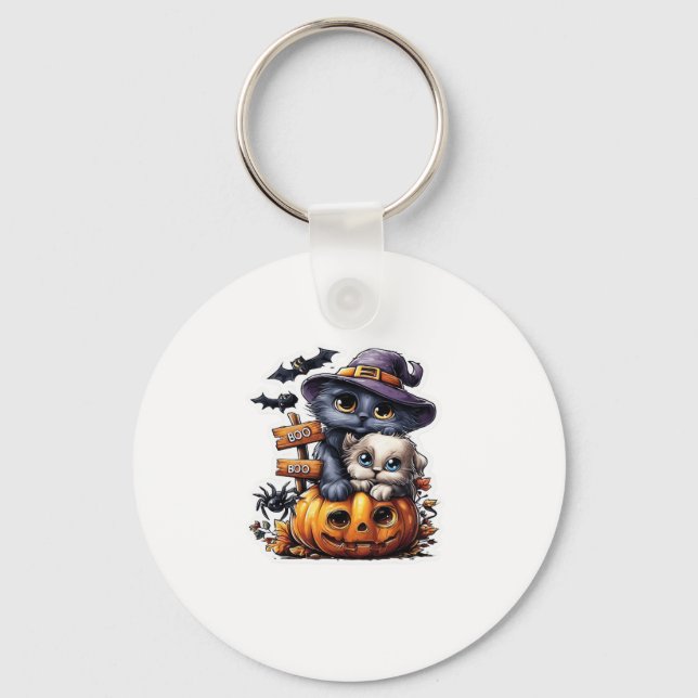 Cute Halloween Cat Sticker � Witch Hat, Pumpkin an Key Ring (Front)