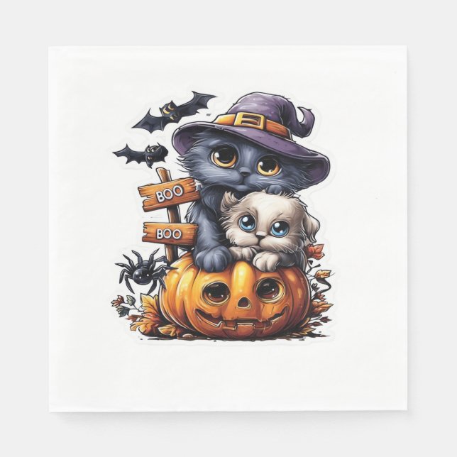 Cute Halloween Cat Sticker – Witch Hat, Pumpkin an Napkin (Front)