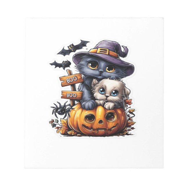 Cute Halloween Cat Sticker � Witch Hat, Pumpkin an Notepad (Front)