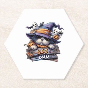 Cute Halloween Cat Sticker � Witch Hat, Pumpkin an Paper Coaster