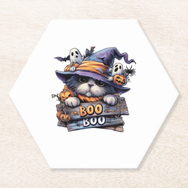 Cute Halloween Cat Sticker � Witch Hat, Pumpkin an Paper Coaster (Front)