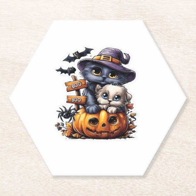 Cute Halloween Cat Sticker � Witch Hat, Pumpkin an Paper Coaster (Front)