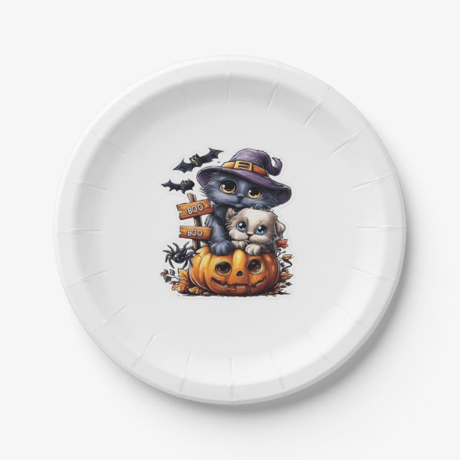 Cute Halloween Cat Sticker � Witch Hat, Pumpkin an Paper Plate (Front)