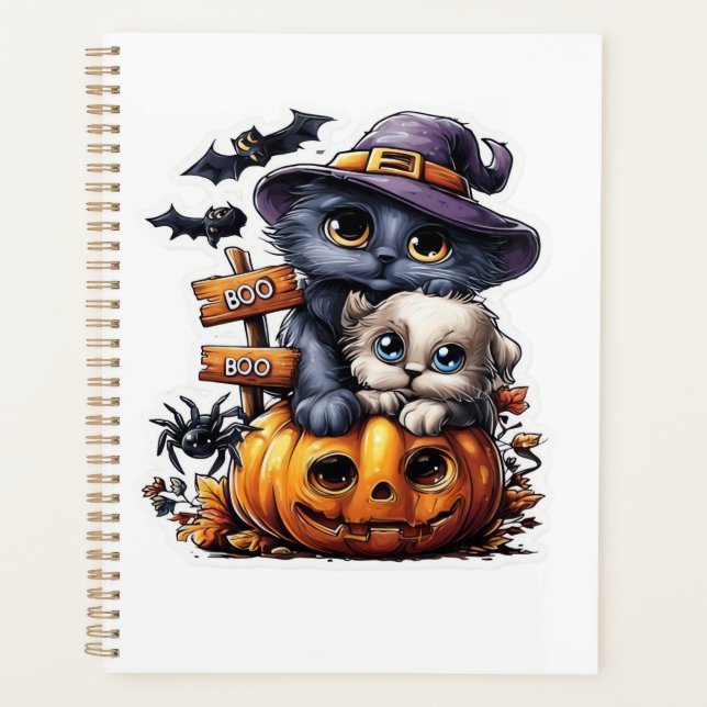 Cute Halloween Cat Sticker � Witch Hat, Pumpkin an Planner (Front)
