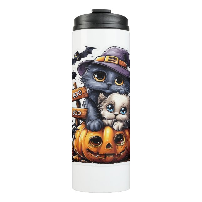 Cute Halloween Cat Sticker – Witch Hat, Pumpkin an Thermal Tumbler (Front)