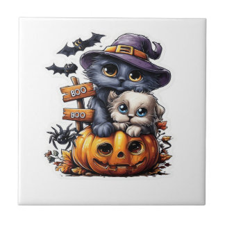 Cute Halloween Cat Sticker � Witch Hat, Pumpkin an Tile