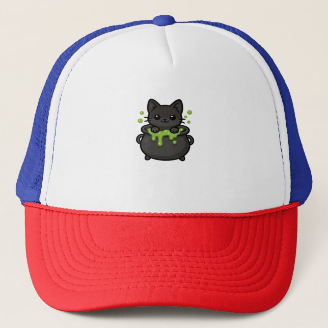 Cute Halloween Cat Sticker – Witch Hat, Pumpkin an Trucker Hat (Front)