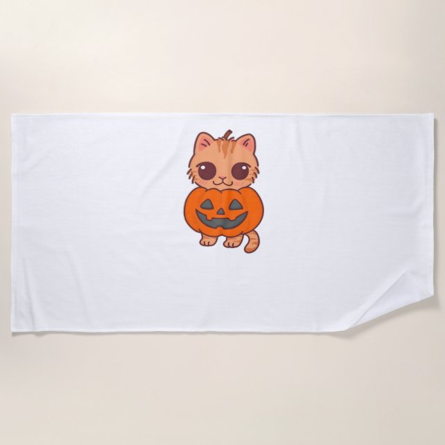 Cute Halloween Cat T-Shirt – Two Kawaii Cats Holdi Beach Towel (Front)