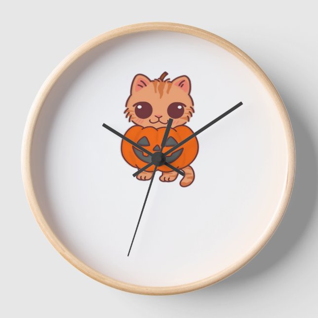 Cute Halloween Cat T-Shirt – Two Kawaii Cats Holdi Clock (Front)