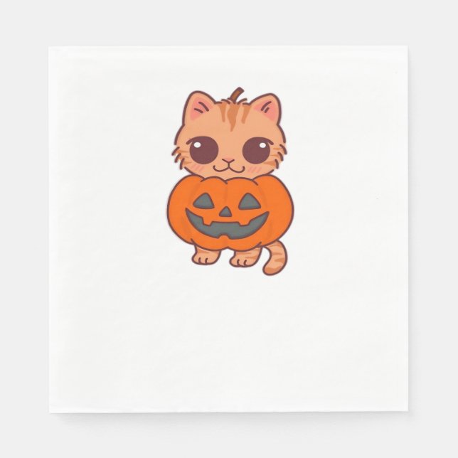 Cute Halloween Cat T-Shirt – Two Kawaii Cats Holdi Napkin (Front)