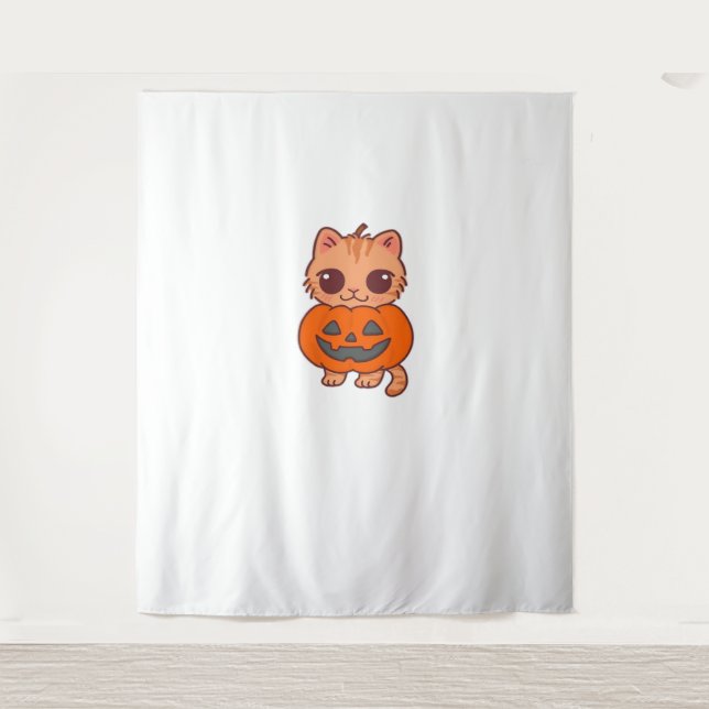 Cute Halloween Cat T-Shirt – Two Kawaii Cats Holdi Tapestry (Front)