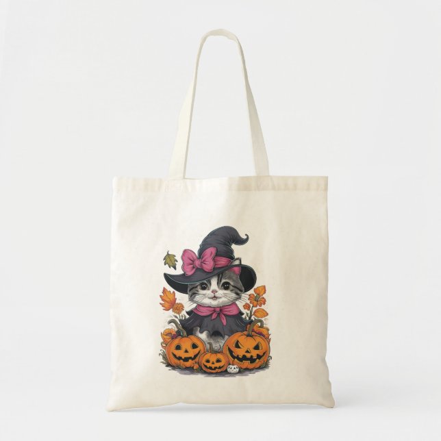 Cute Halloween Cat Witch Tote Bag (Front)