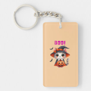 Cute Halloween Cat with Pumpkin and Witch Hat Deco Key Ring