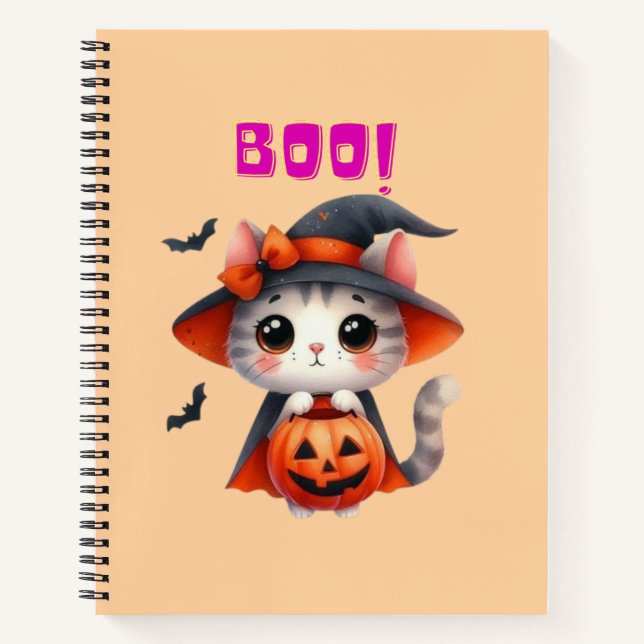 Cute Halloween Cat with Pumpkin and Witch Hat Deco Notebook (Front)
